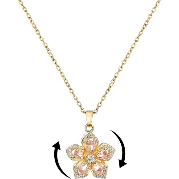Women Gold Flower Fidget Pink Necklace Rotatable Crystal Blossom Pendant - Picture 7 of 7